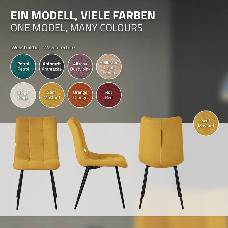 Esszimmerstühle 2er Set Senfgelb Küchenstuhl mit Polyesterbezug und Stahlbeinen ML-Design