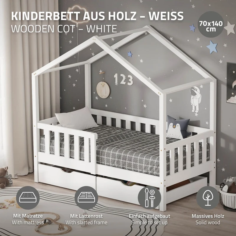 Kinderbett Hausbett 70x140 cm Weiß aus Kiefernholz mit Matratze H:10cm, 2 Schubkasten, Rausfallschutz & Lattenrost ML-Design