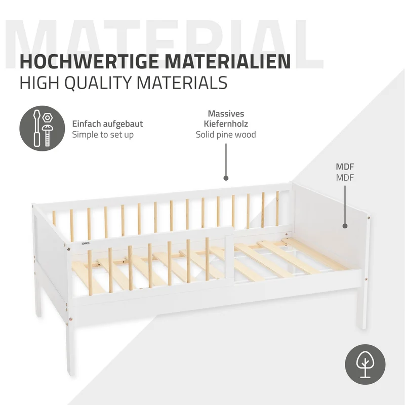 Kinderbett 70x140 cm mit Matratze, Lattenrost und Rausfallschutz in Weiß/Natur ML-Design