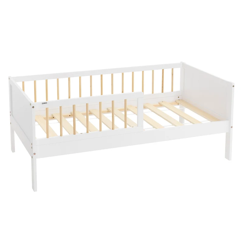 Kinderbett 70x140 cm mit Lattenrost und Rausfallschutz Weiß/Natur Kiefernholz ML-Design