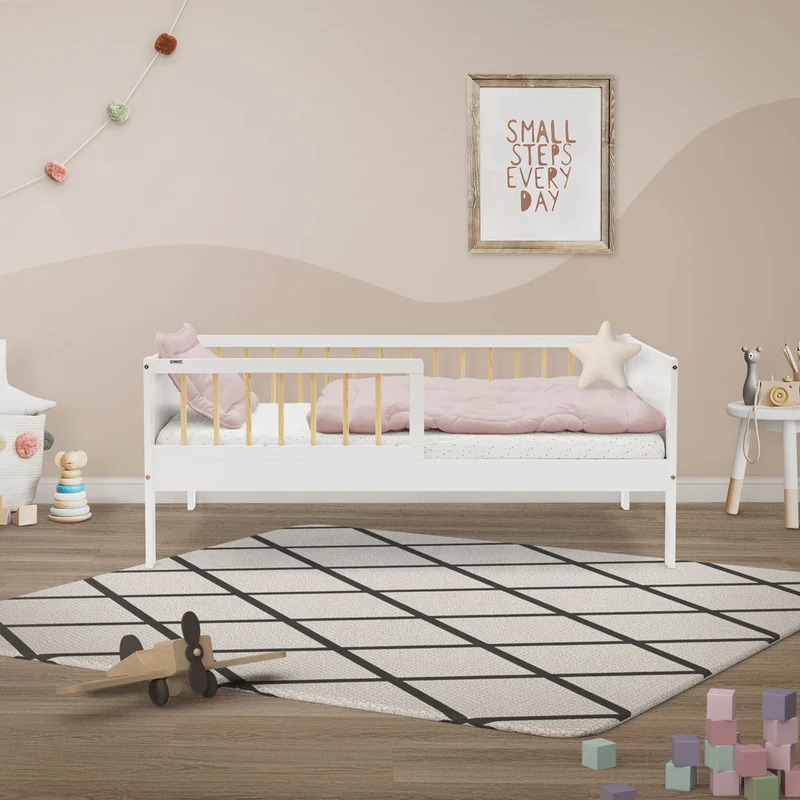 Kinderbett 70x140 cm mit Lattenrost und Rausfallschutz Weiß/Natur Kiefernholz ML-Design