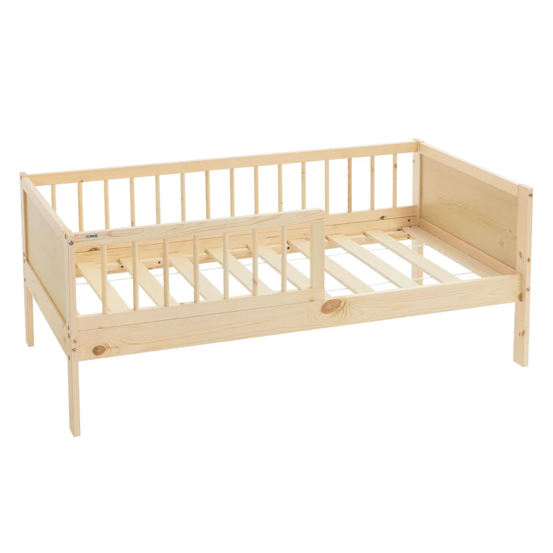 Kinderbett 70x140 cm mit Lattenrost und Rausfallschutz Natur Kiefernholz ML-Design