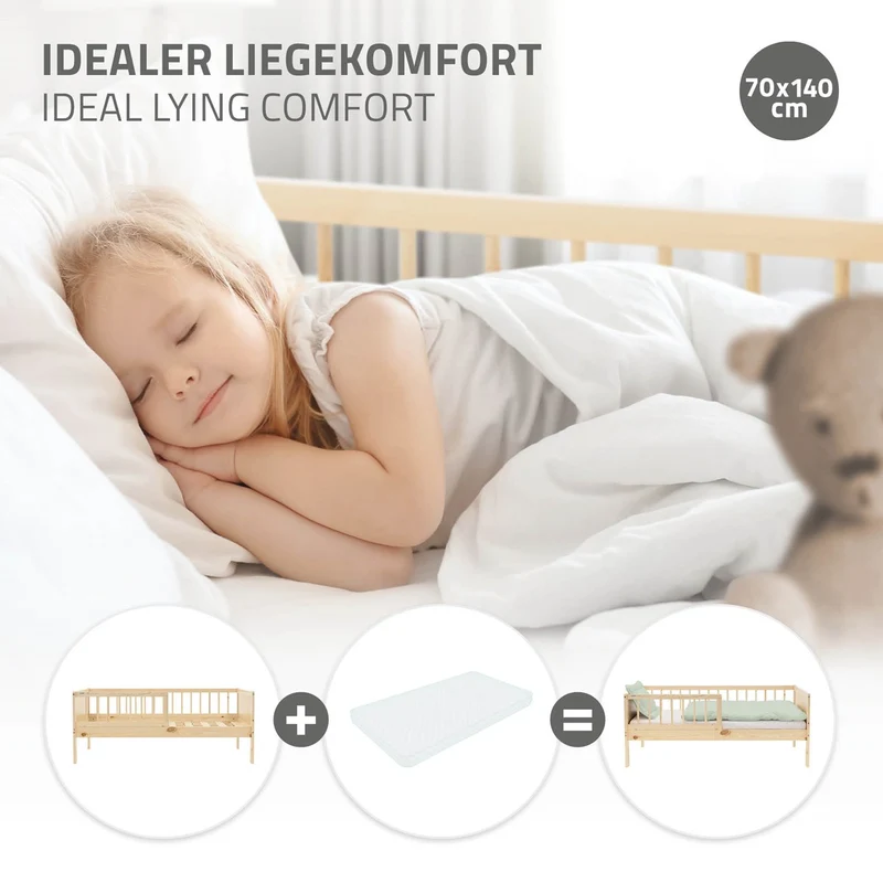 Kinderbett 70x140 cm mit Lattenrost und Rausfallschutz Natur Kiefernholz ML-Design