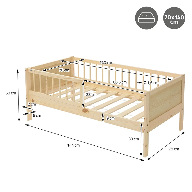 Kinderbett 70x140 cm mit Lattenrost und Rausfallschutz Natur Kiefernholz ML-Design
