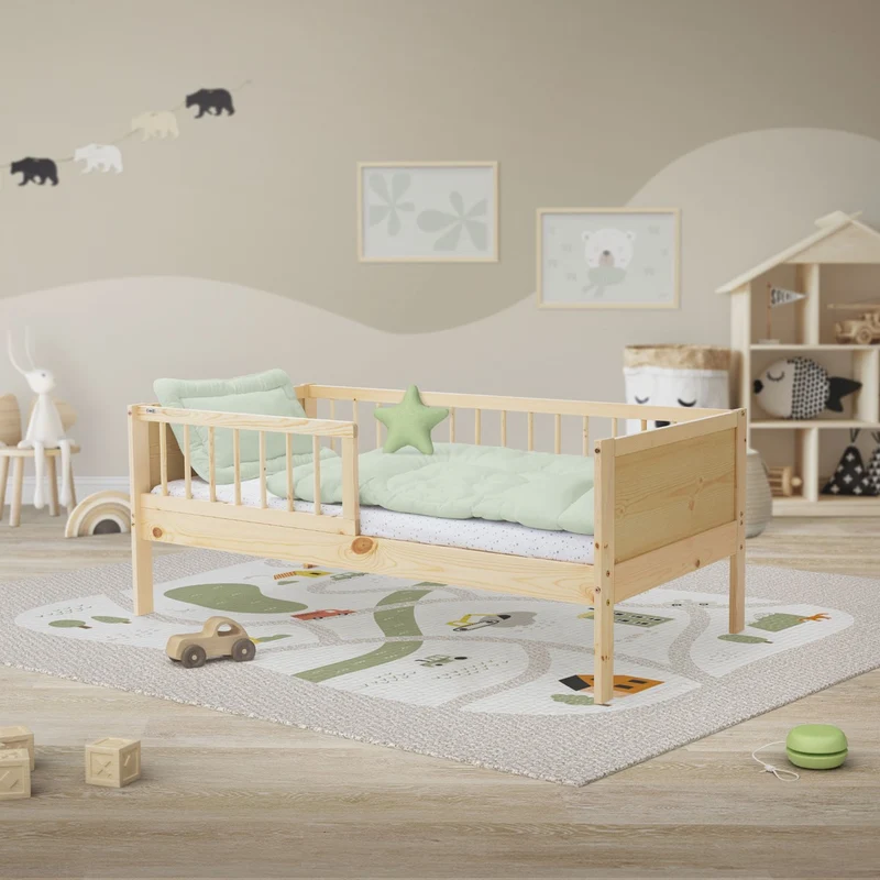 Kinderbett 70x140 cm mit Lattenrost und Rausfallschutz Natur Kiefernholz ML-Design