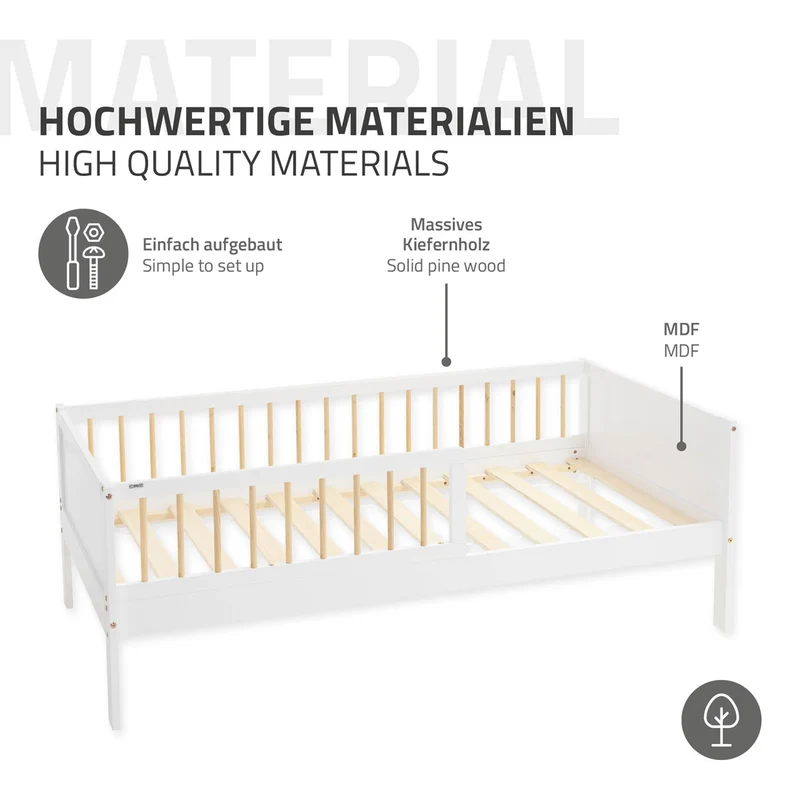 Kinderbett 80x160 cm mit Matratze, Lattenrost und Rausfallschutz in Weiß/Natur ML-Design