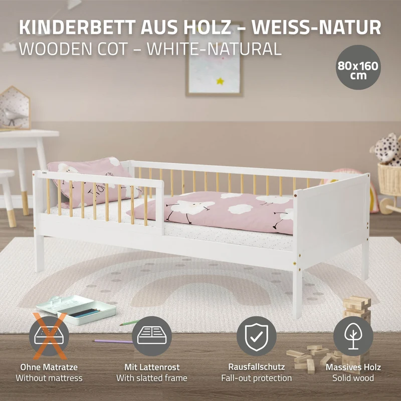 Kinderbett 80x160 cm mit Lattenrost und Rausfallschutz Weiß/Natur Kiefernholz ML-Design