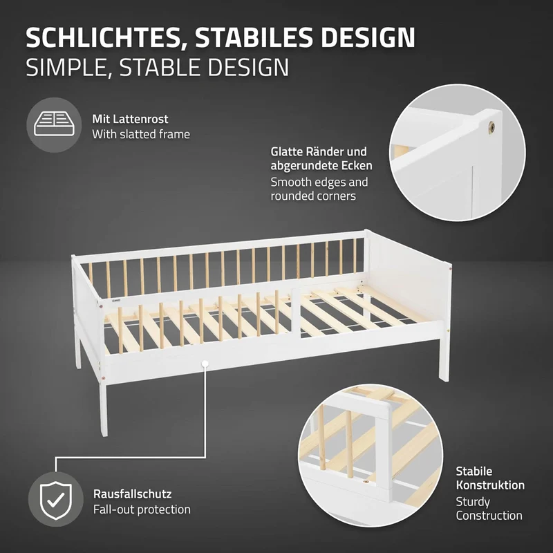Kinderbett 80x160 cm mit Lattenrost und Rausfallschutz Weiß/Natur Kiefernholz ML-Design