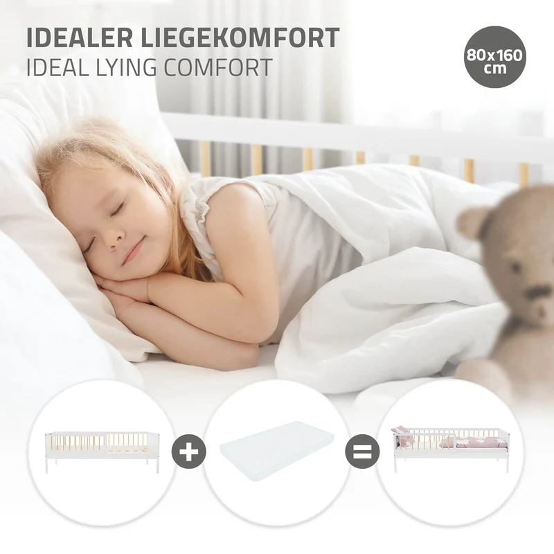 Kinderbett 80x160 cm mit Lattenrost und Rausfallschutz Weiß/Natur Kiefernholz ML-Design