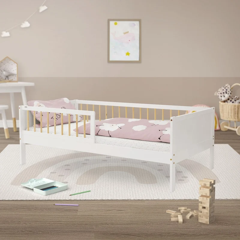 Kinderbett 80x160 cm mit Lattenrost und Rausfallschutz Weiß/Natur Kiefernholz ML-Design