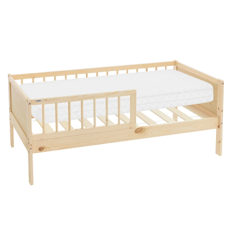 Kinderbett 70x140 cm mit Matratze, Lattenrost und Rausfallschutz in Natur ML-Design