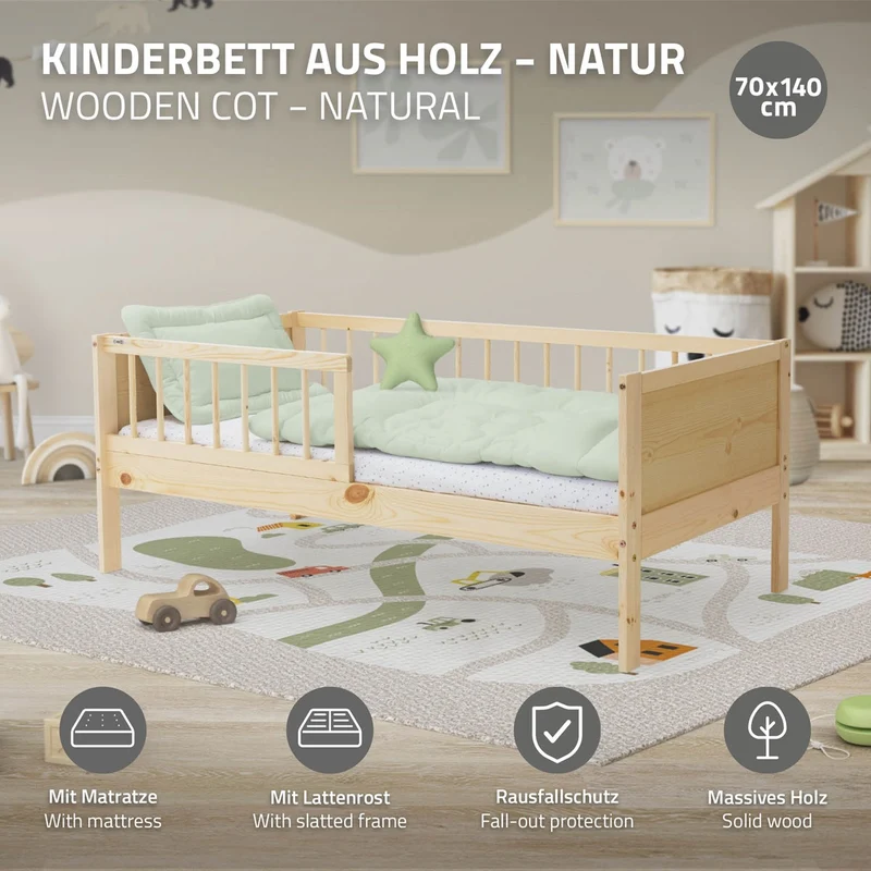 Kinderbett 70x140 cm mit Matratze, Lattenrost und Rausfallschutz in Natur ML-Design