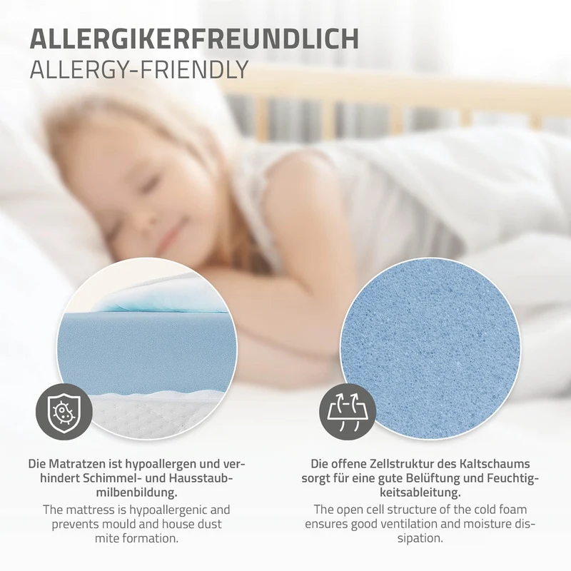 Kinderbett 70x140 cm mit Matratze, Lattenrost und Rausfallschutz in Natur ML-Design