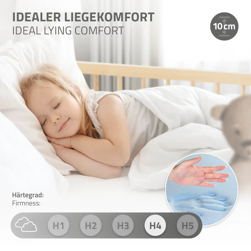 Kinderbett 70x140 cm mit Matratze, Lattenrost und Rausfallschutz in Natur ML-Design