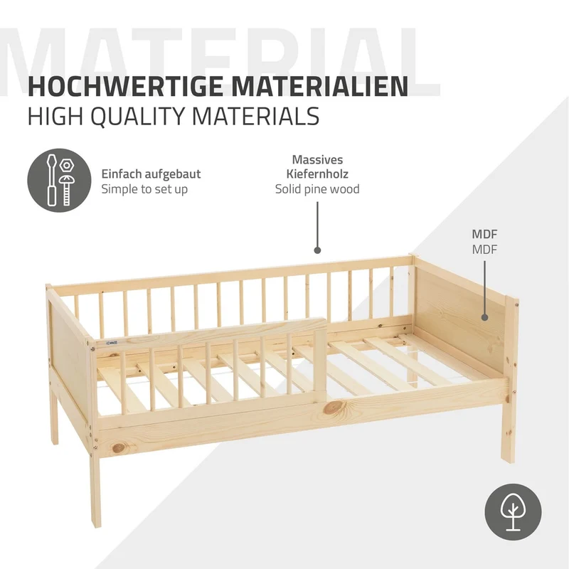 Kinderbett 70x140 cm mit Matratze, Lattenrost und Rausfallschutz in Natur ML-Design