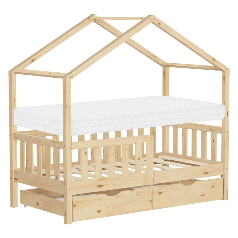 Kinderbett Hausbett 70x140 cm Natur aus Kiefernholz mit Matratze H:10cm, 2 Schubkasten, Rausfallschutz & Lattenrost ML-Design
