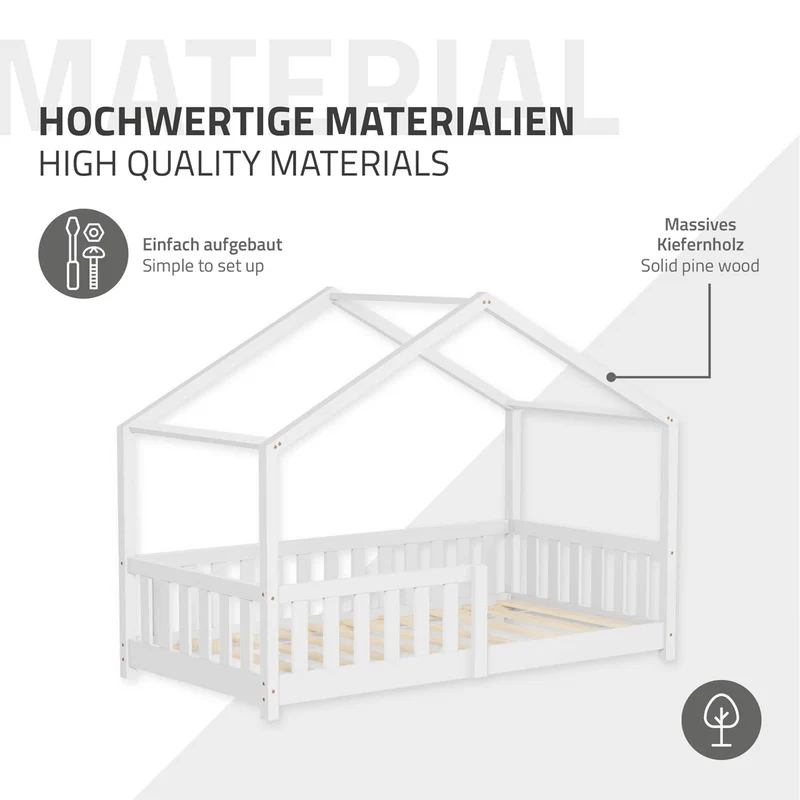 Kinderbett Hausbett 80x160 cm Weiß aus Kiefernholz mit Matratze H:10cm Rausfallschutz und Lattenrost ML-Design