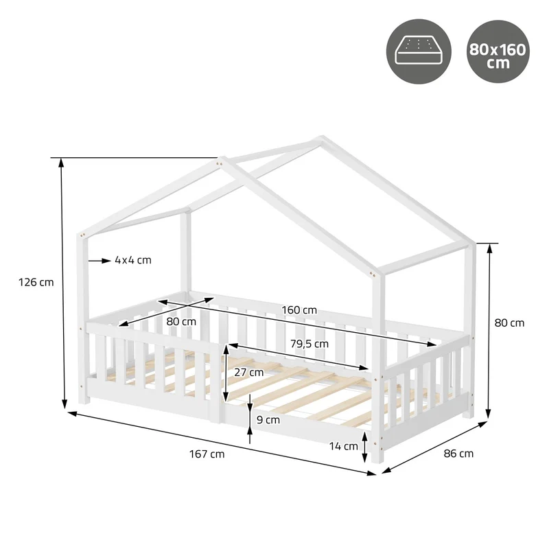 Kinderbett Hausbett 80x160 cm Weiß aus Kiefernholz mit Matratze H:10cm Rausfallschutz und Lattenrost ML-Design