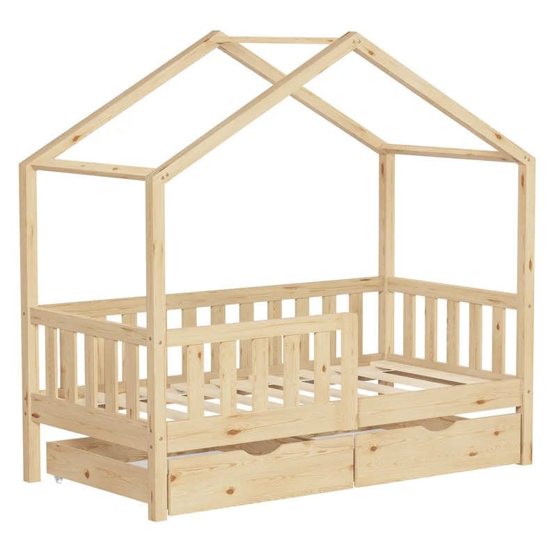 Kinderbett Hausbett mit 2 Schubkasten 70x140 cm Natur aus Kiefernholz mit Rausfallschutz und Lattenrost ML-Design