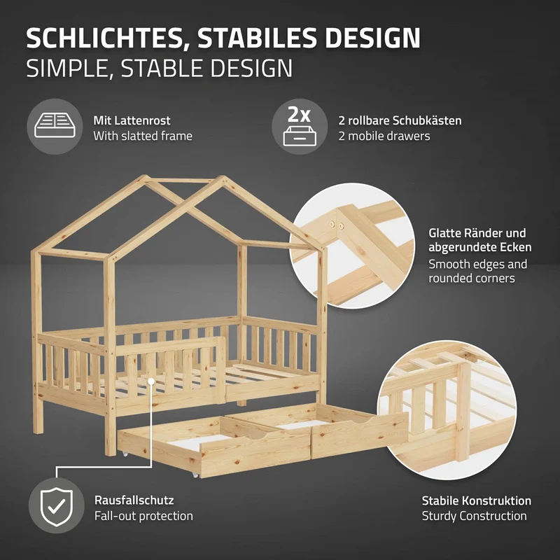 Kinderbett Hausbett mit 2 Schubkasten 70x140 cm Natur aus Kiefernholz mit Rausfallschutz und Lattenrost ML-Design