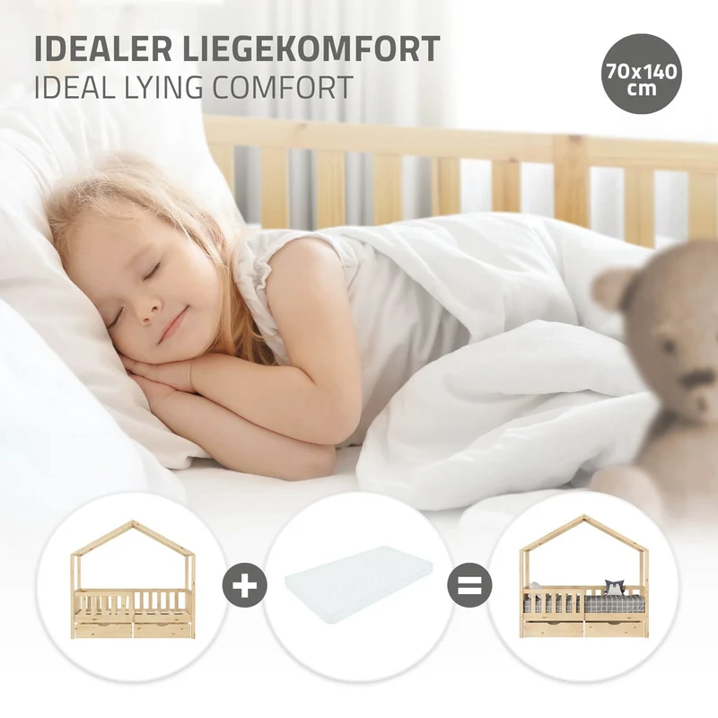 Kinderbett Hausbett mit 2 Schubkasten 70x140 cm Natur aus Kiefernholz mit Rausfallschutz und Lattenrost ML-Design