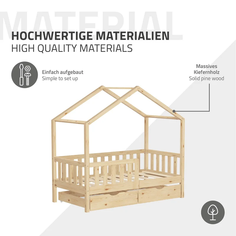 Kinderbett Hausbett mit 2 Schubkasten 70x140 cm Natur aus Kiefernholz mit Rausfallschutz und Lattenrost ML-Design