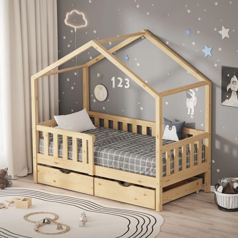 Kinderbett Hausbett mit 2 Schubkasten 70x140 cm Natur aus Kiefernholz mit Rausfallschutz und Lattenrost ML-Design