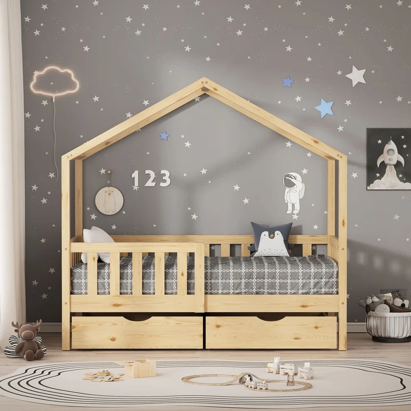 Kinderbett Hausbett mit 2 Schubkasten 70x140 cm Natur aus Kiefernholz mit Rausfallschutz und Lattenrost ML-Design