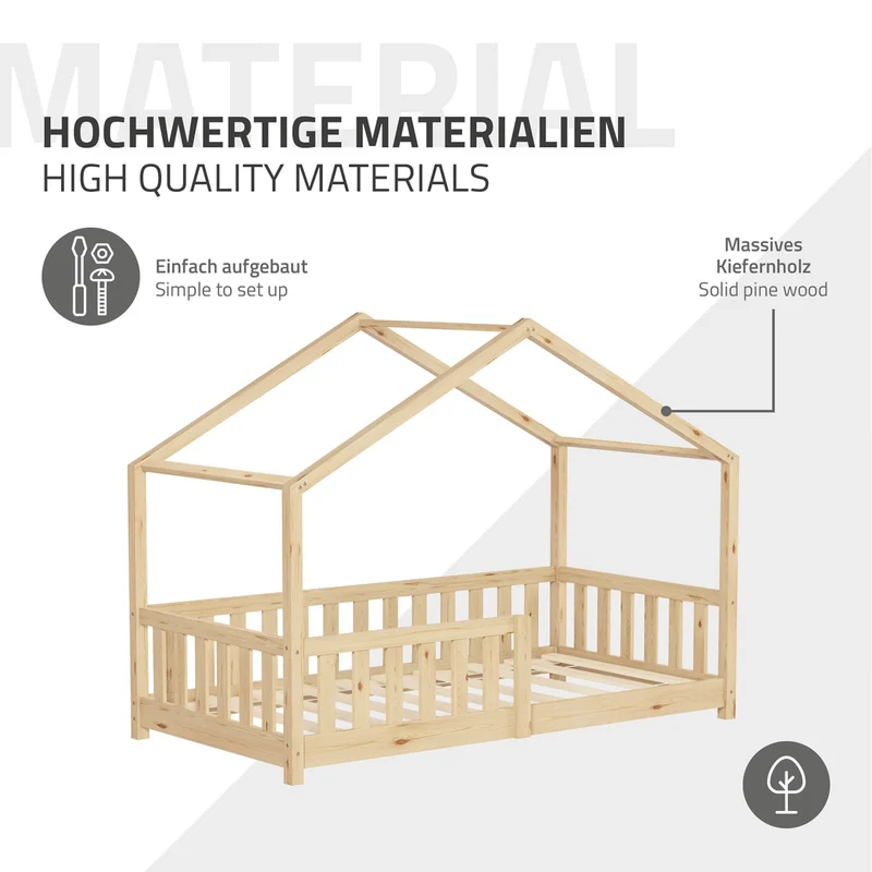 Kinderbett Hausbett 80x160 cm Natur aus Kiefernholz mit Matratze H:10cm Rausfallschutz und Lattenrost ML-Design