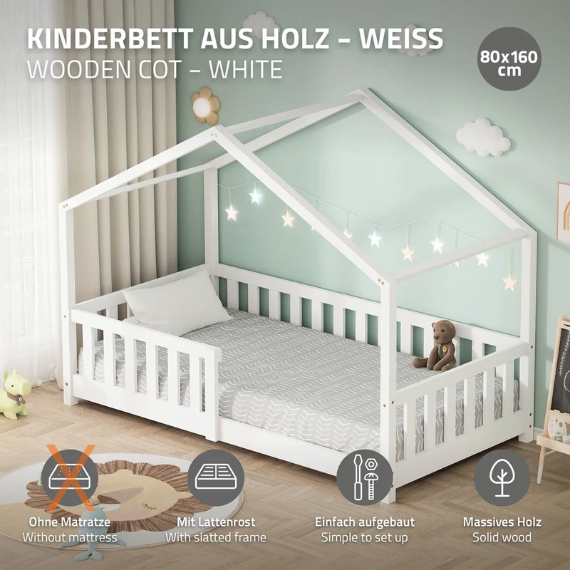 Kinderbett Hausbett 80x160 cm Weiß aus Kiefernholz Holzbett mit Rausfallschutz und Lattenrost ML-Design