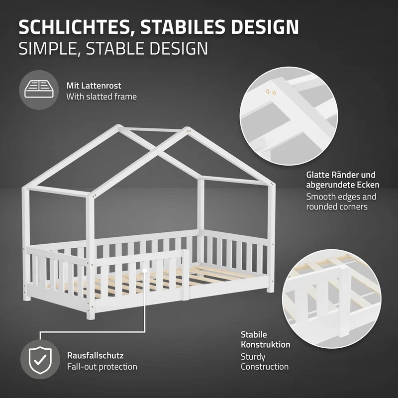 Kinderbett Hausbett 80x160 cm Weiß aus Kiefernholz Holzbett mit Rausfallschutz und Lattenrost ML-Design