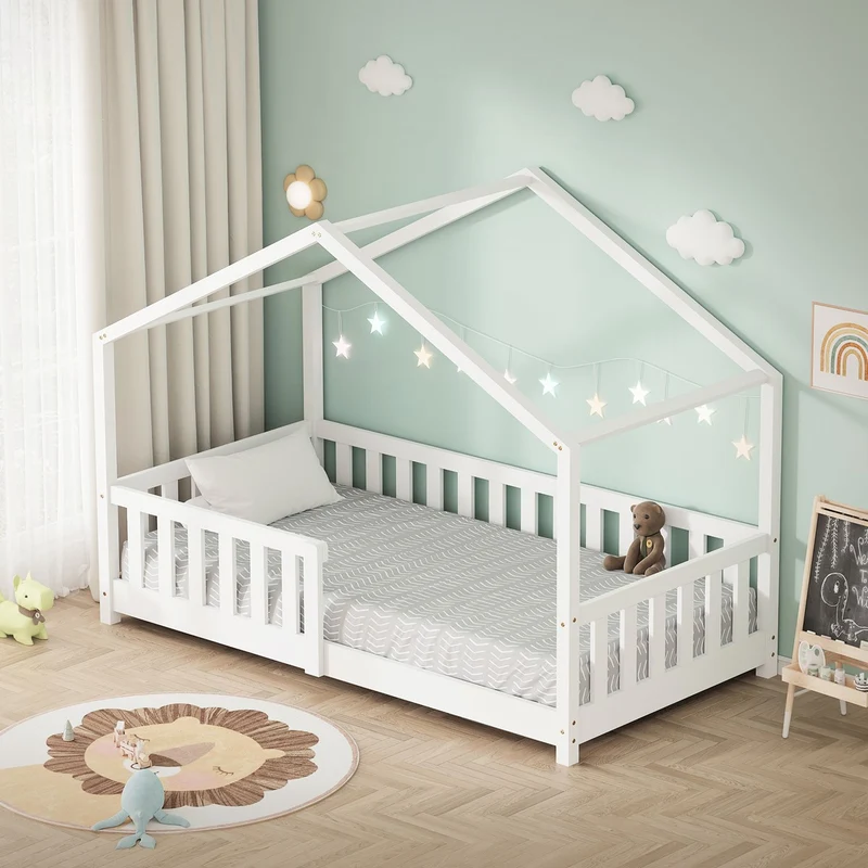 Kinderbett Hausbett 80x160 cm Weiß aus Kiefernholz Holzbett mit Rausfallschutz und Lattenrost ML-Design