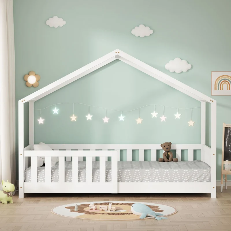 Kinderbett Hausbett 80x160 cm Weiß aus Kiefernholz Holzbett mit Rausfallschutz und Lattenrost ML-Design