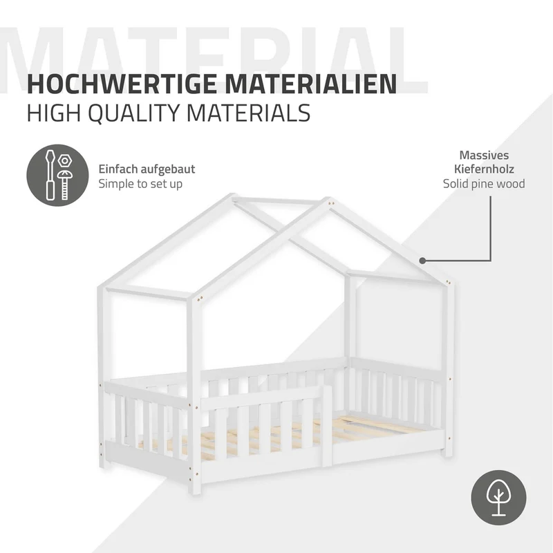 Kinderbett Hausbett 70x140 cm Weiß aus Kiefernholz Holzbett mit Rausfallschutz und Lattenrost ML-Design