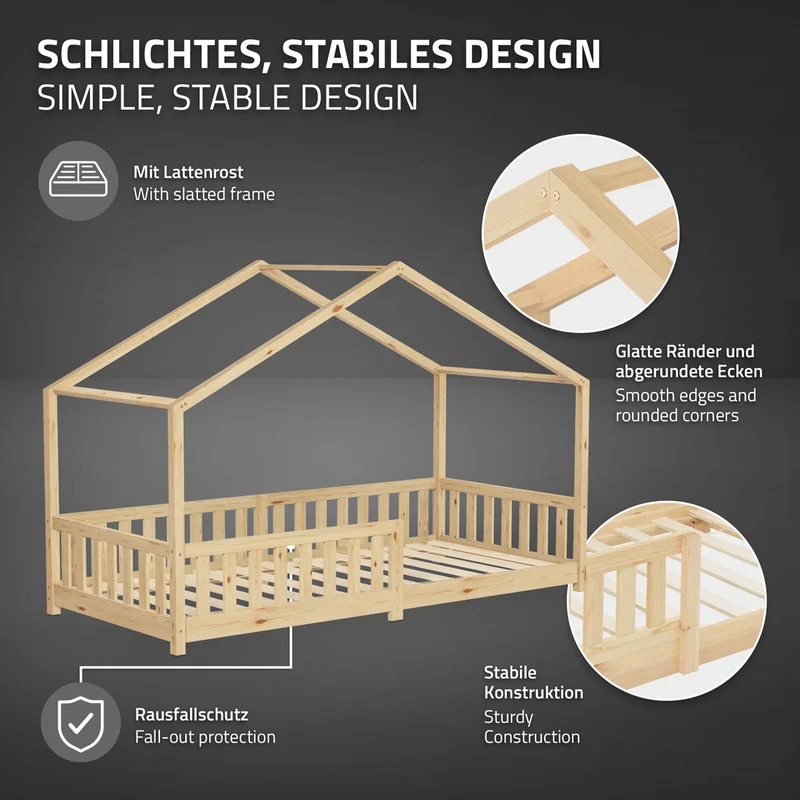 Kinderbett Hausbett 90x200 cm Natur aus Kiefernholz mit Matratze H:10cm Rausfallschutz und Lattenrost ML-Design
