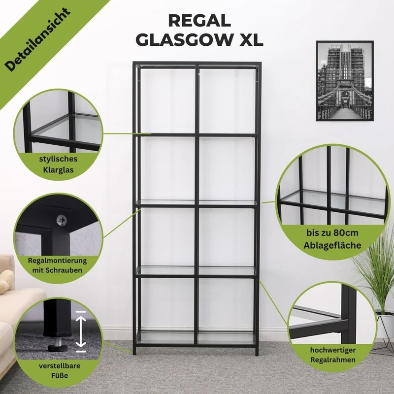 Mein-Regal Regal Glasgow XL aus Metall mit Glasoberfläche und 4 Etagen