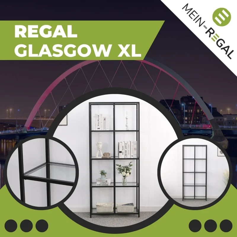 Mein-Regal Regal Glasgow XL aus Metall mit Glasoberfläche und 4 Etagen