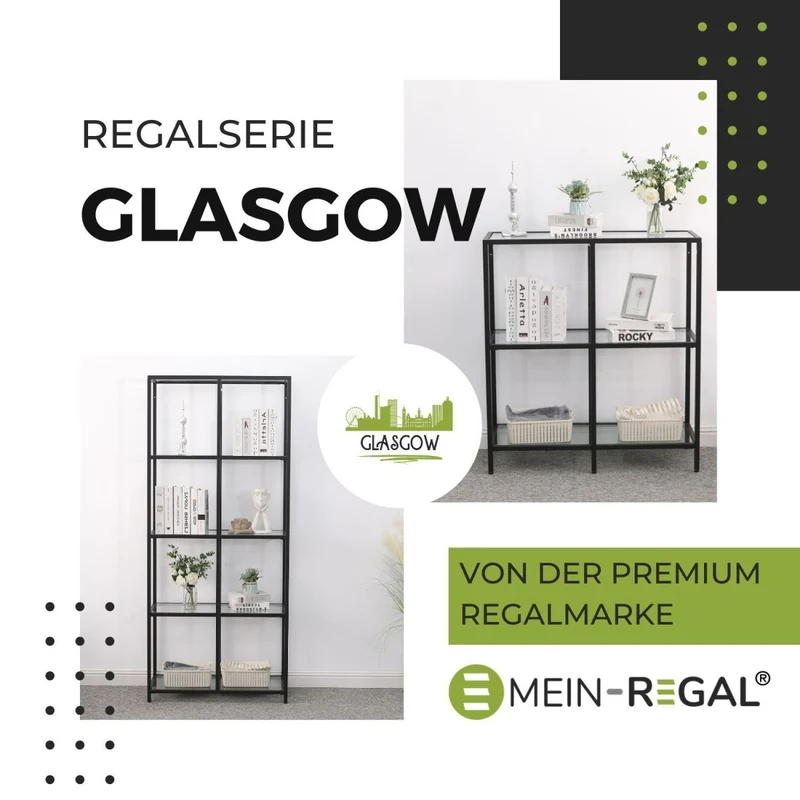 Mein-Regal Regal Glasgow XL aus Metall mit Glasoberfläche und 4 Etagen
