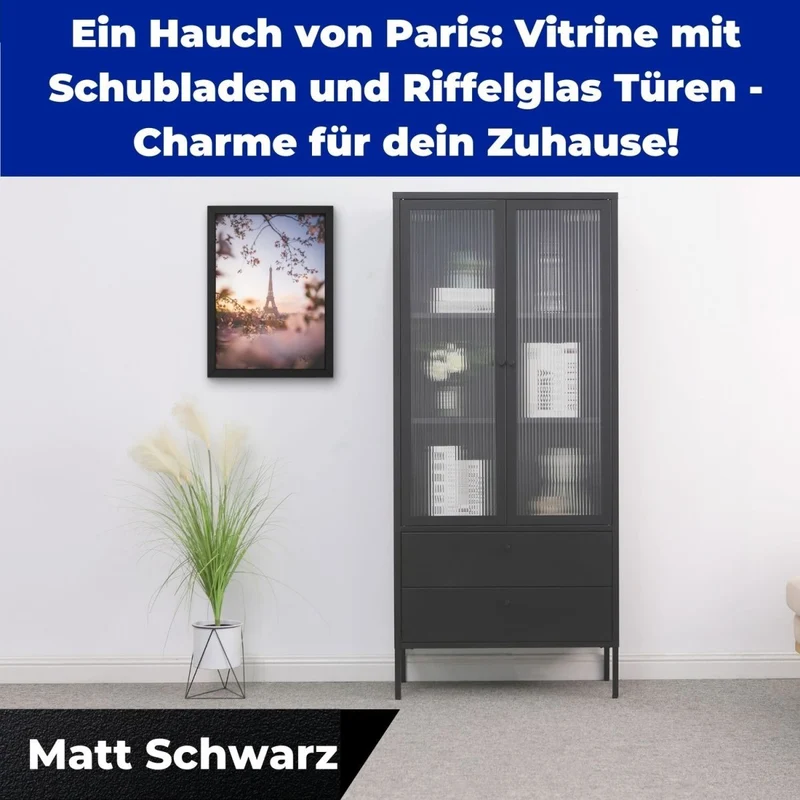 Mein-Regal Vitrine Paris aus Metall mit 2 Schubladen und 2 Glastüren