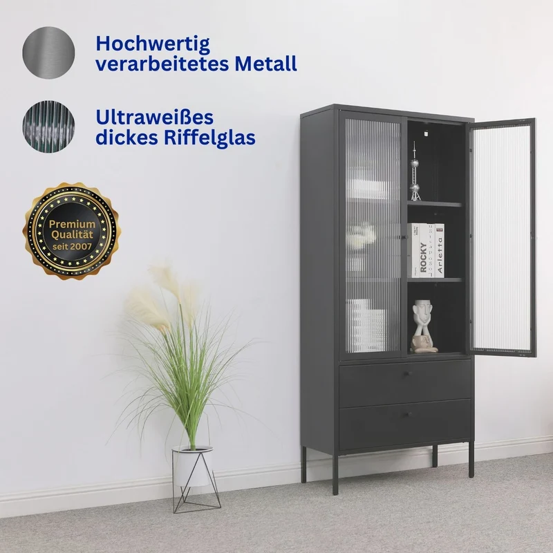 Mein-Regal Vitrine Paris aus Metall mit 2 Schubladen und 2 Glastüren