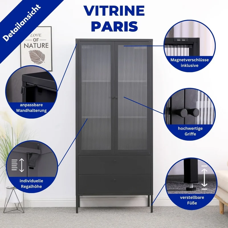 Mein-Regal Vitrine Paris aus Metall mit 2 Schubladen und 2 Glastüren