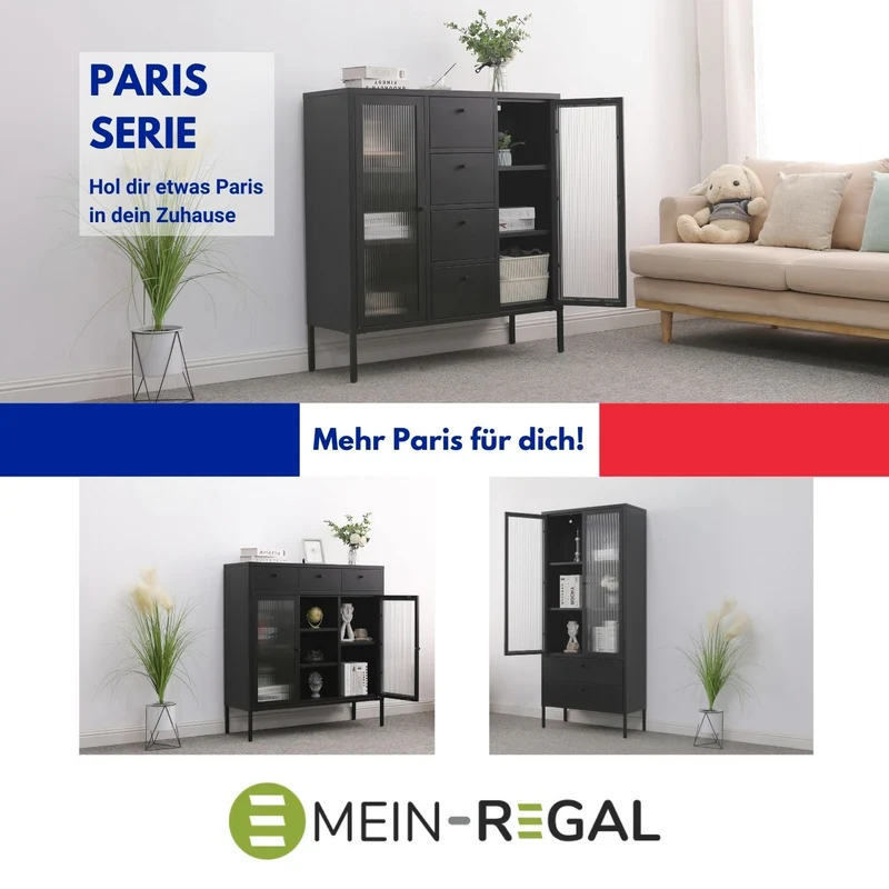 Mein-Regal Vitrine Paris aus Metall mit 2 Schubladen und 2 Glastüren