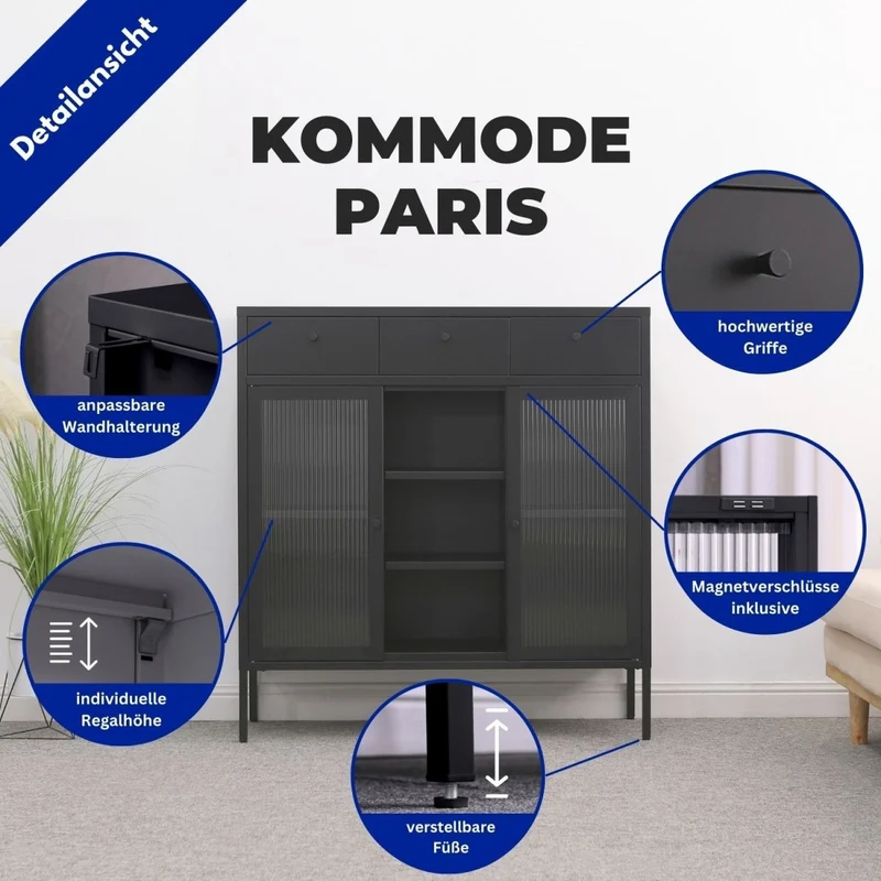 Mein-Regal Kommode Paris aus Metall mit 3 Schubladen, 3 Fächern und Glastüren