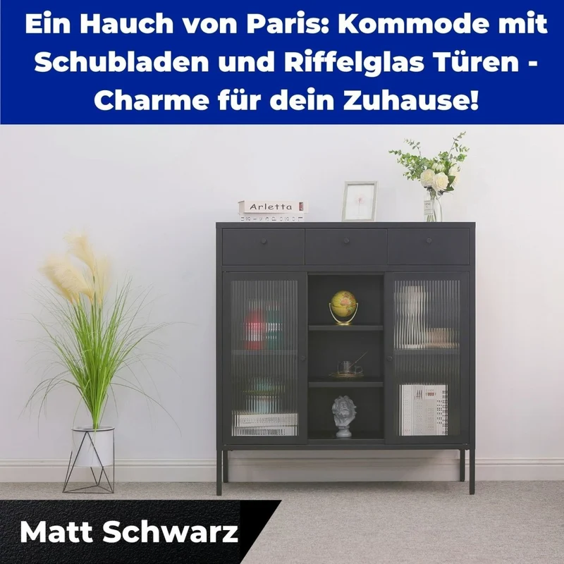 Mein-Regal Kommode Paris aus Metall mit 3 Schubladen, 3 Fächern und Glastüren