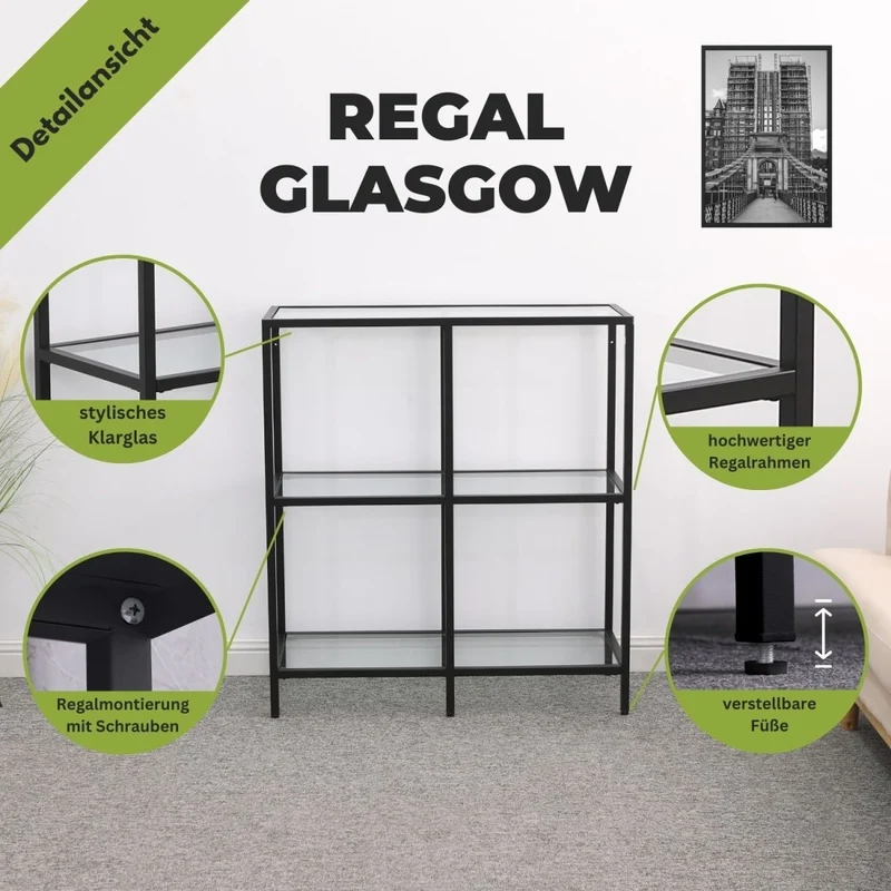 Mein-Regal Regal Glasgow aus Metall mit Glaseinlegeboden und 2 Etagen