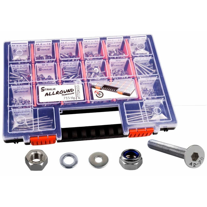 Sortimentskoffer M5 M6 Senkkopfschrauben Unterlegscheiben Muttern Set Edelstahl (720 Teile) DIN 7991|125|934|985