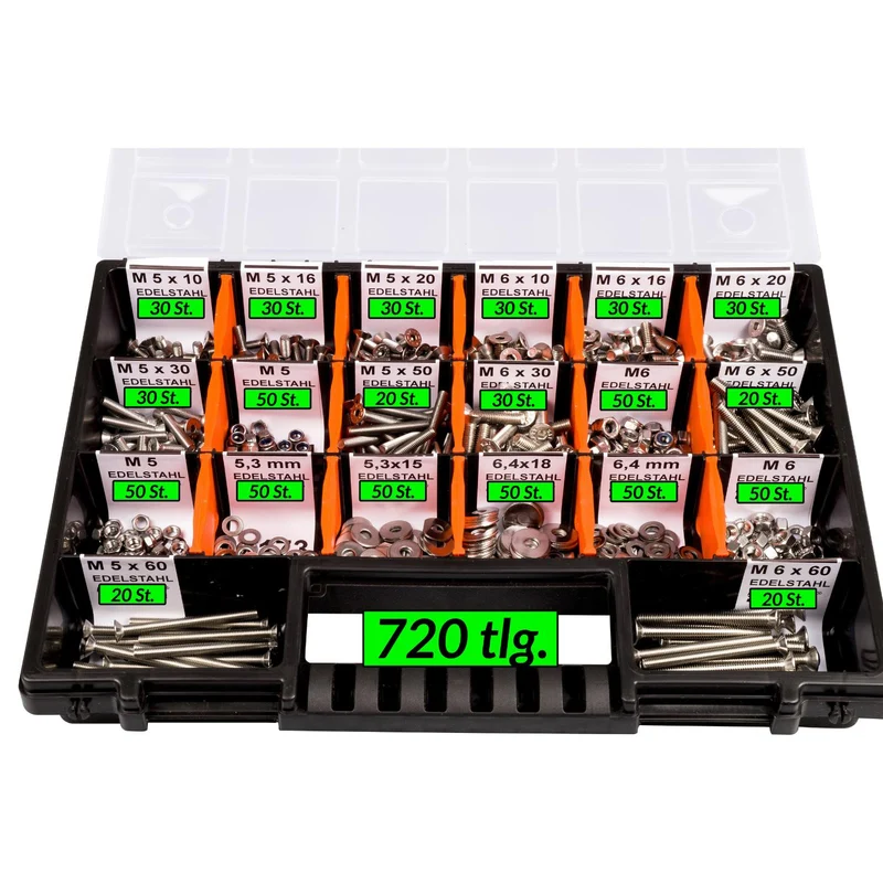 Sortimentskoffer M5 M6 Senkkopfschrauben Unterlegscheiben Muttern Set Edelstahl (720 Teile) DIN 7991|125|934|985