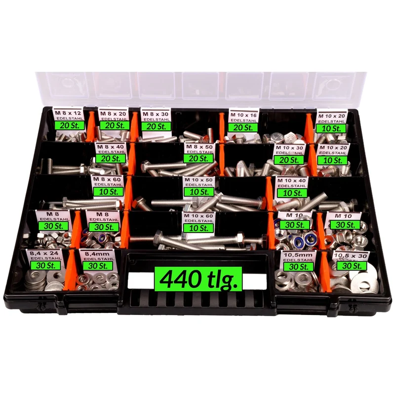 Sortimentskoffer M8 M10 Sechskantschrauben Unterlegscheiben Muttern Set Edelstahl (440 Teile) DIN 933|125|934|985