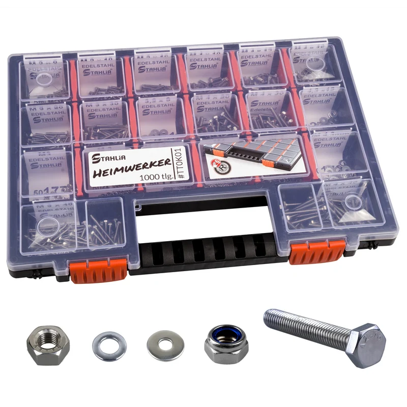 Sortimentskoffer M3 M4 Sechskantschrauben Unterlegscheiben Muttern Set Edelstahl (1000 Teile) DIN 933|125|934|985