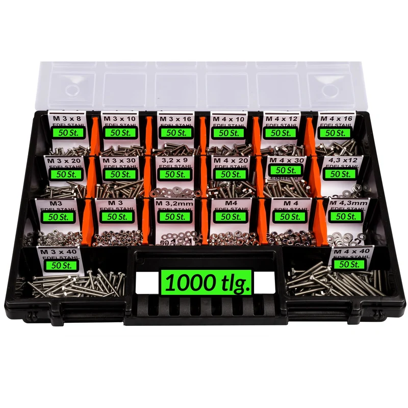 Sortimentskoffer M3 M4 Sechskantschrauben Unterlegscheiben Muttern Set Edelstahl (1000 Teile) DIN 933|125|934|985